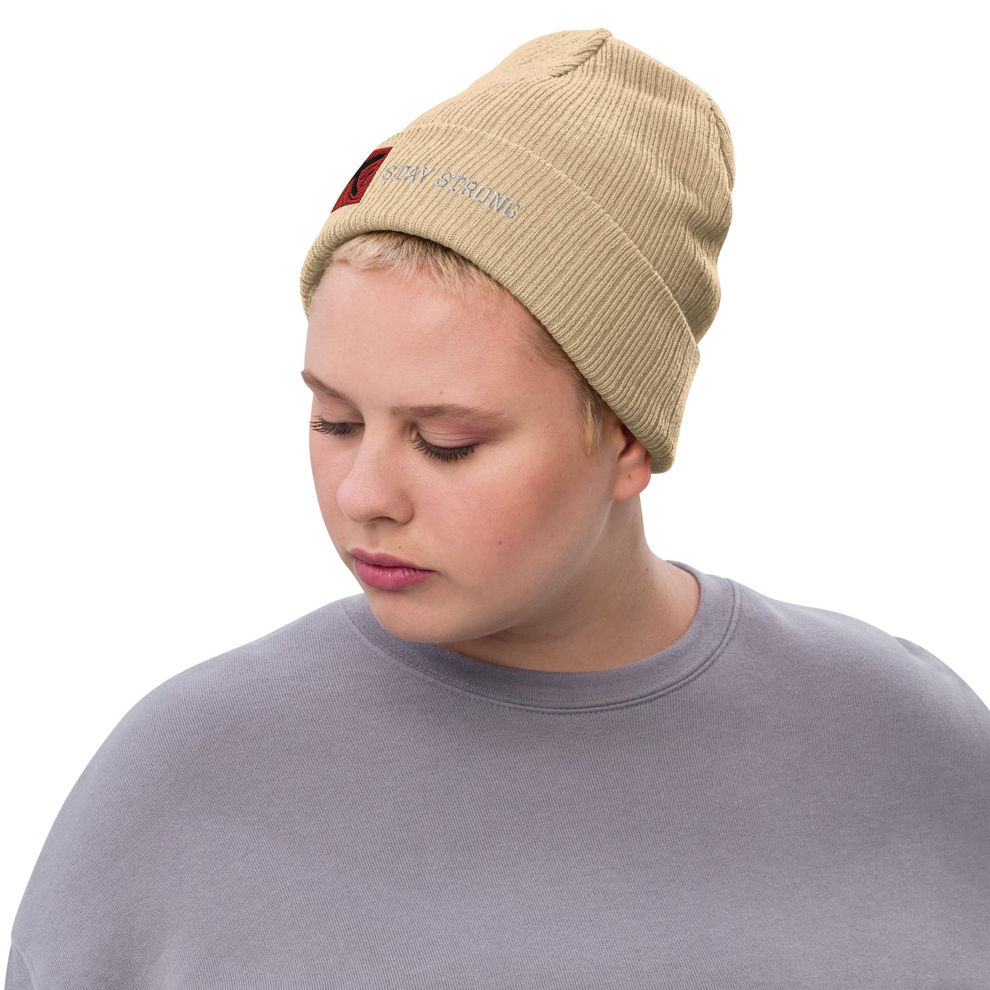Ribbed "Stay Strong" Beanie