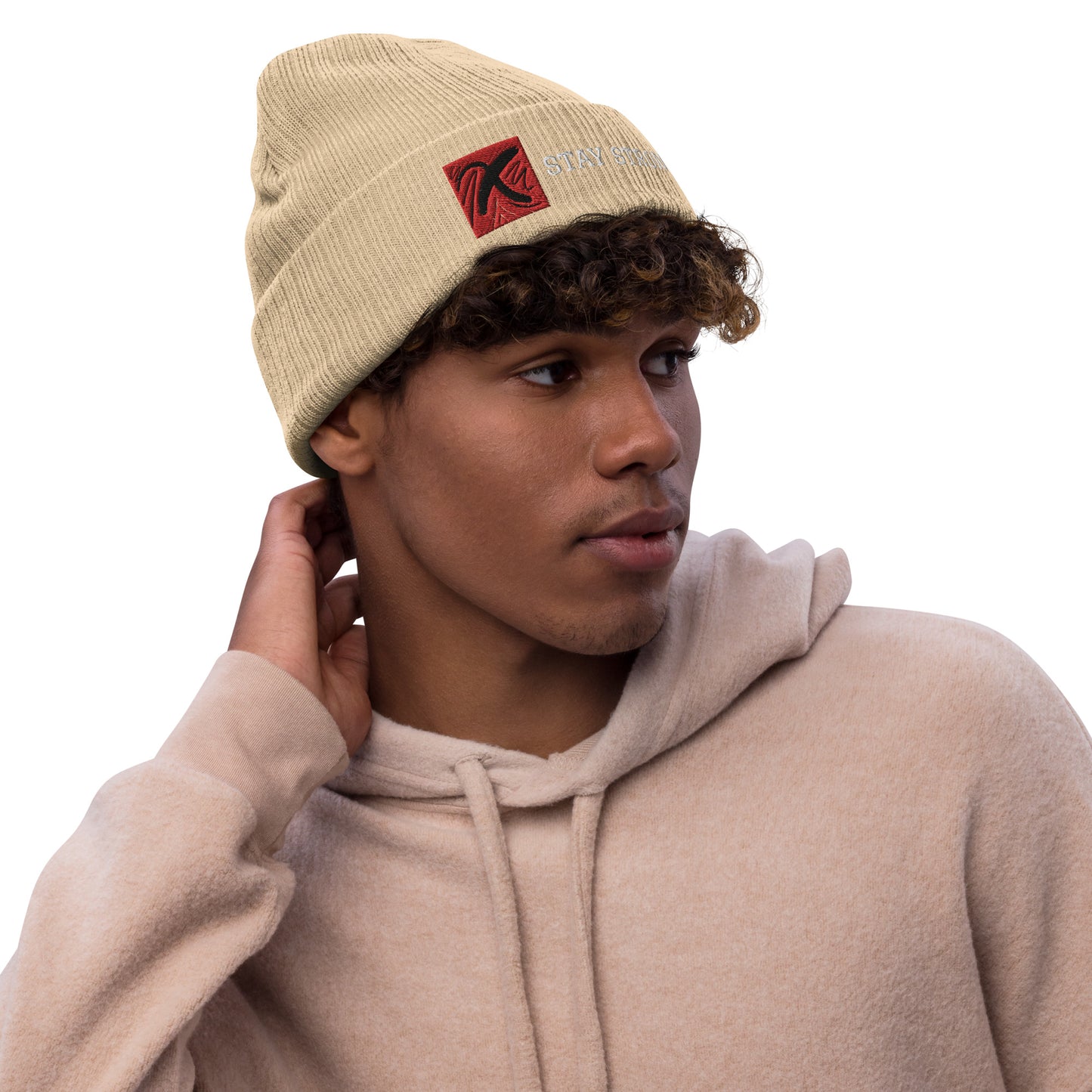 Ribbed "Stay Strong" Beanie