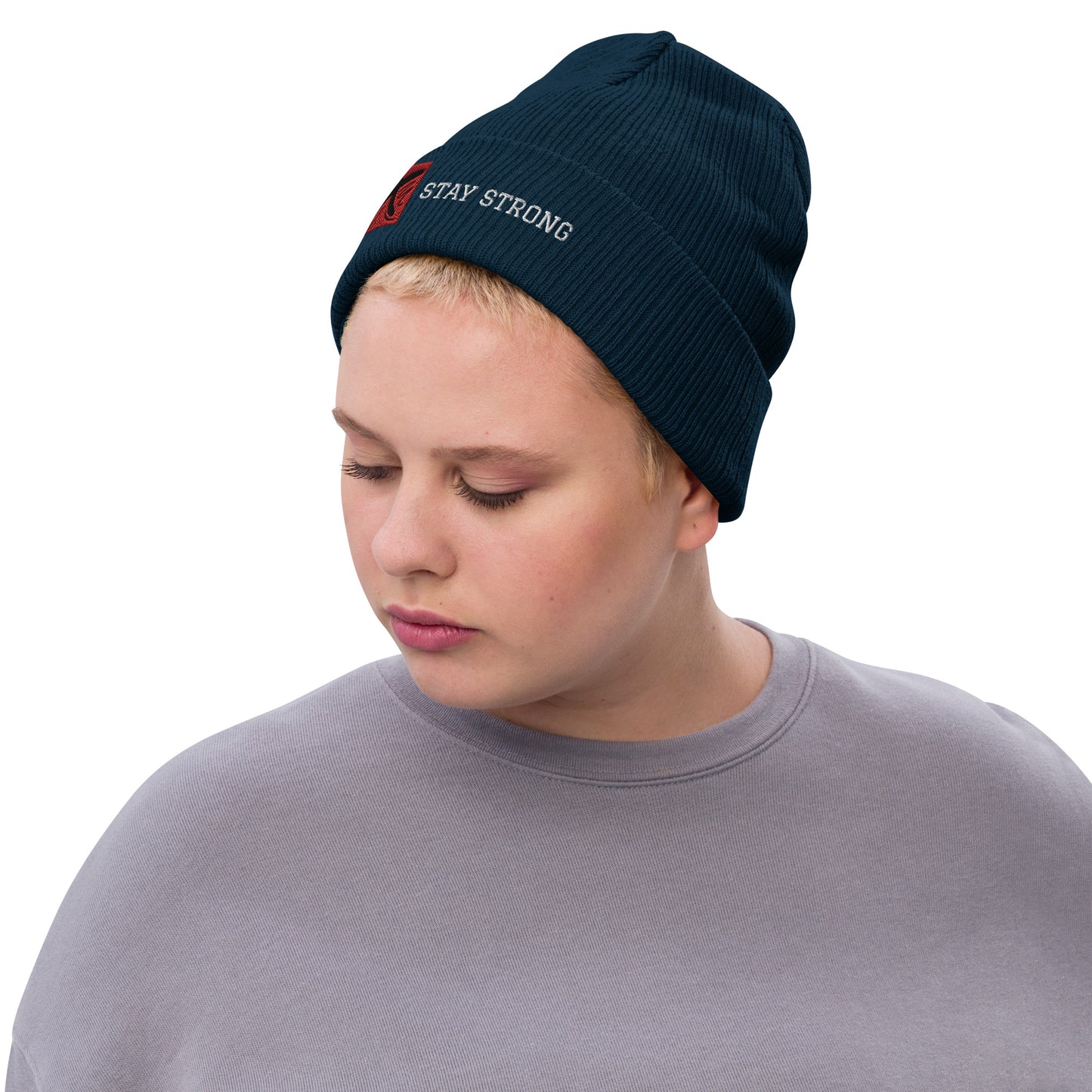 Ribbed "Stay Strong" Beanie