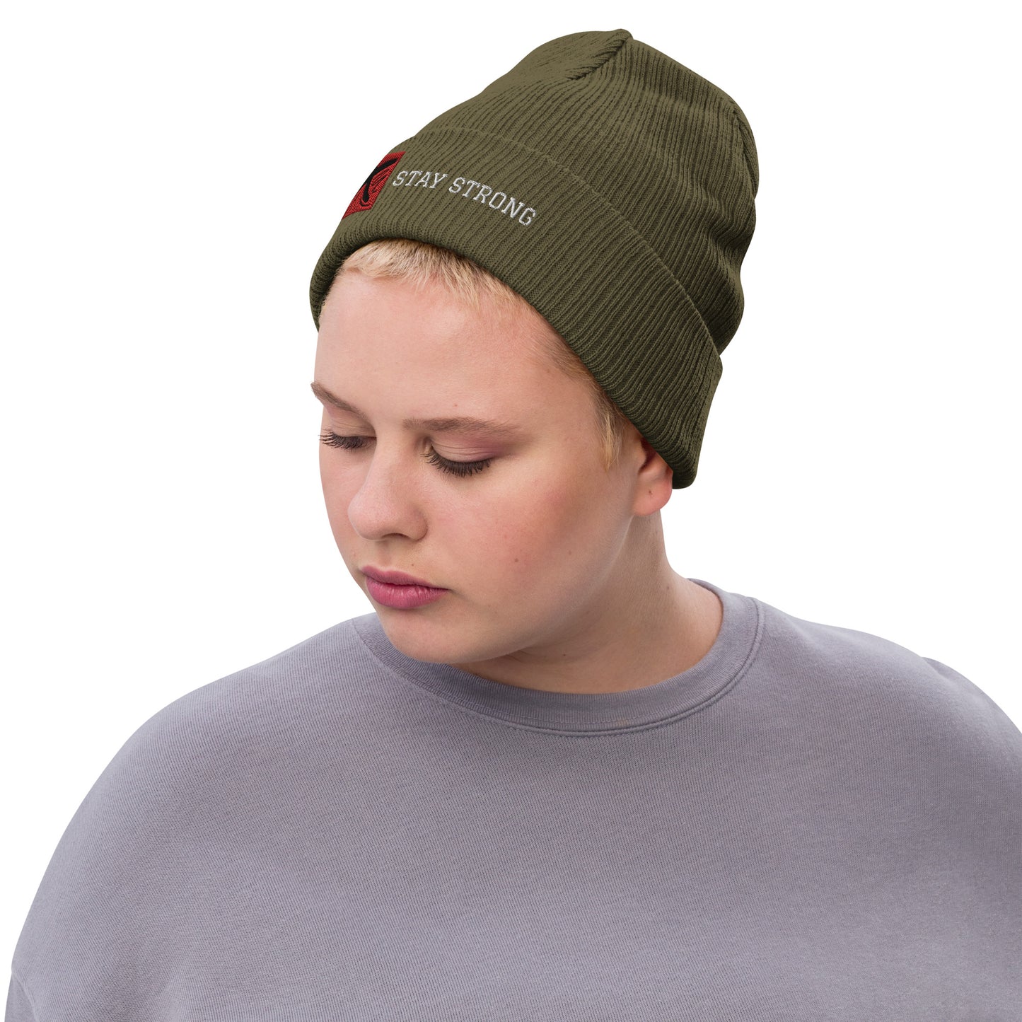 Ribbed "Stay Strong" Beanie