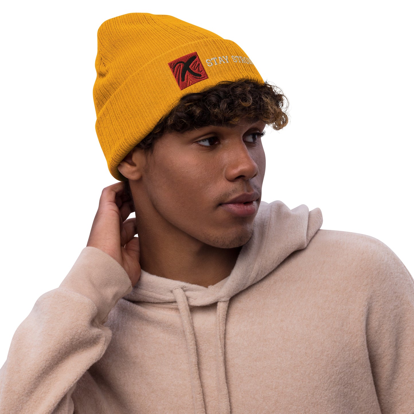 Ribbed "Stay Strong" Beanie